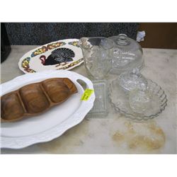 2 PLATTERS, LIDDED GLASS DISH, ETC.