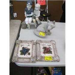 2 WINE WALL PLAQUES, CEMENT FOX & GARDEN ORNAMENT -6 .