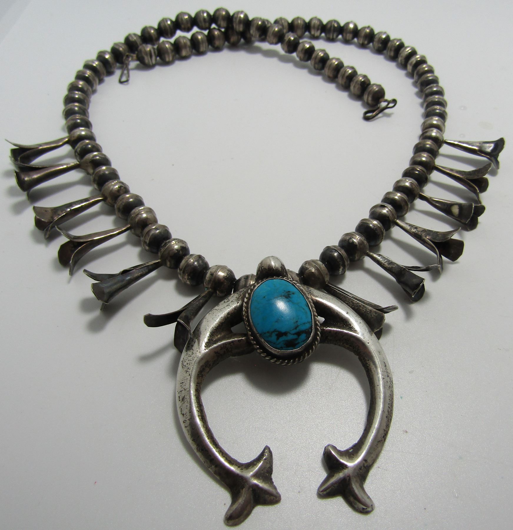 SQUASH BLOSSOM TURQUOISE NECKLACE STERLING SILVER