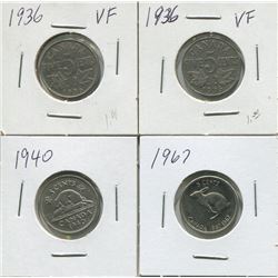 1936,36,40,67,4-Canadian 5 cent coins,King George V,VI,Eliz II