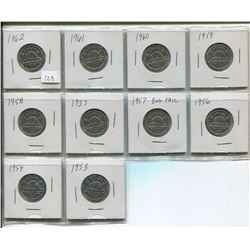 1953 to 1962, missing 1955, but includes rare 1957 Bug tail,10-Canadian 5 cent coins,Queen Elizabeth