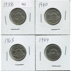 1938.40,63 & 64 Beaver,4-Canadian 5 cent coins,King George VI and Queen Elizabeth II