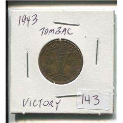 1943 Tombac Victory,Canadian 5 cent coin,King George VI