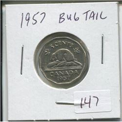 1957 Bug tail Beaver,Canadian 5 cent coin,Queen Elizabeth II