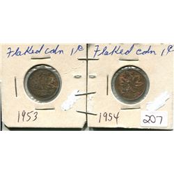 1953 and 1954 Flaked pennies,2-Small Canadian Error pennies,Queen Elizabeth II