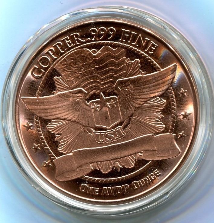 1 ounce .999 fine copper Dollar coin,1 oz copper