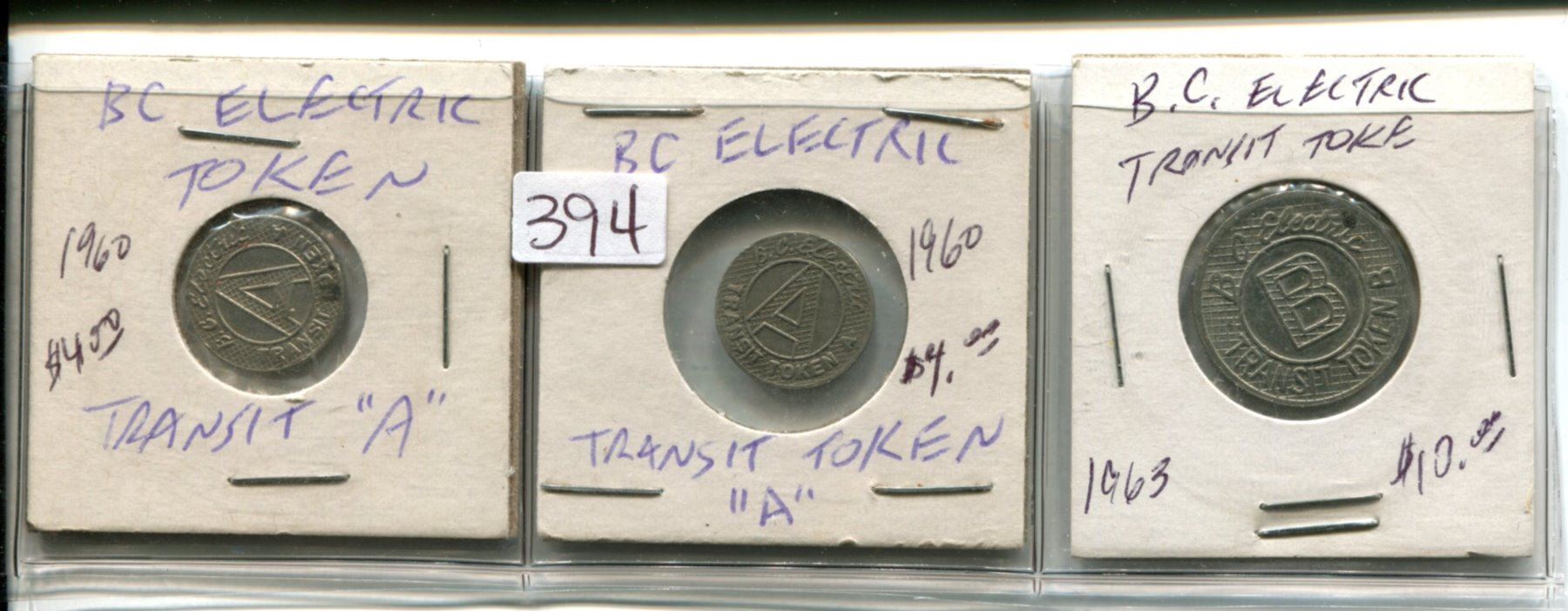 3-BC Electric transit tokens 2-“A” token, 1-“B” token,3-Tokens