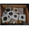 Image 1 : Misc coins, etc in a black wooden cigar box,Misc coins in a cigar box