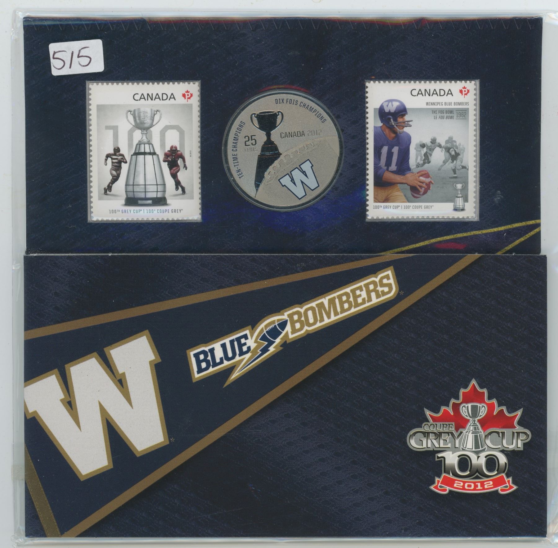 Winnipeg Blue Bombers Oversized 25 cent coin & Stamps collection,1Royl