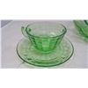 Image 2 : Green Uranium Depression glass set (Salad Bowl, Tea Cup, Saucer & Seasoning Shakers)
