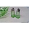 Image 4 : Green Uranium Depression glass set (Salad Bowl, Tea Cup, Saucer & Seasoning Shakers)