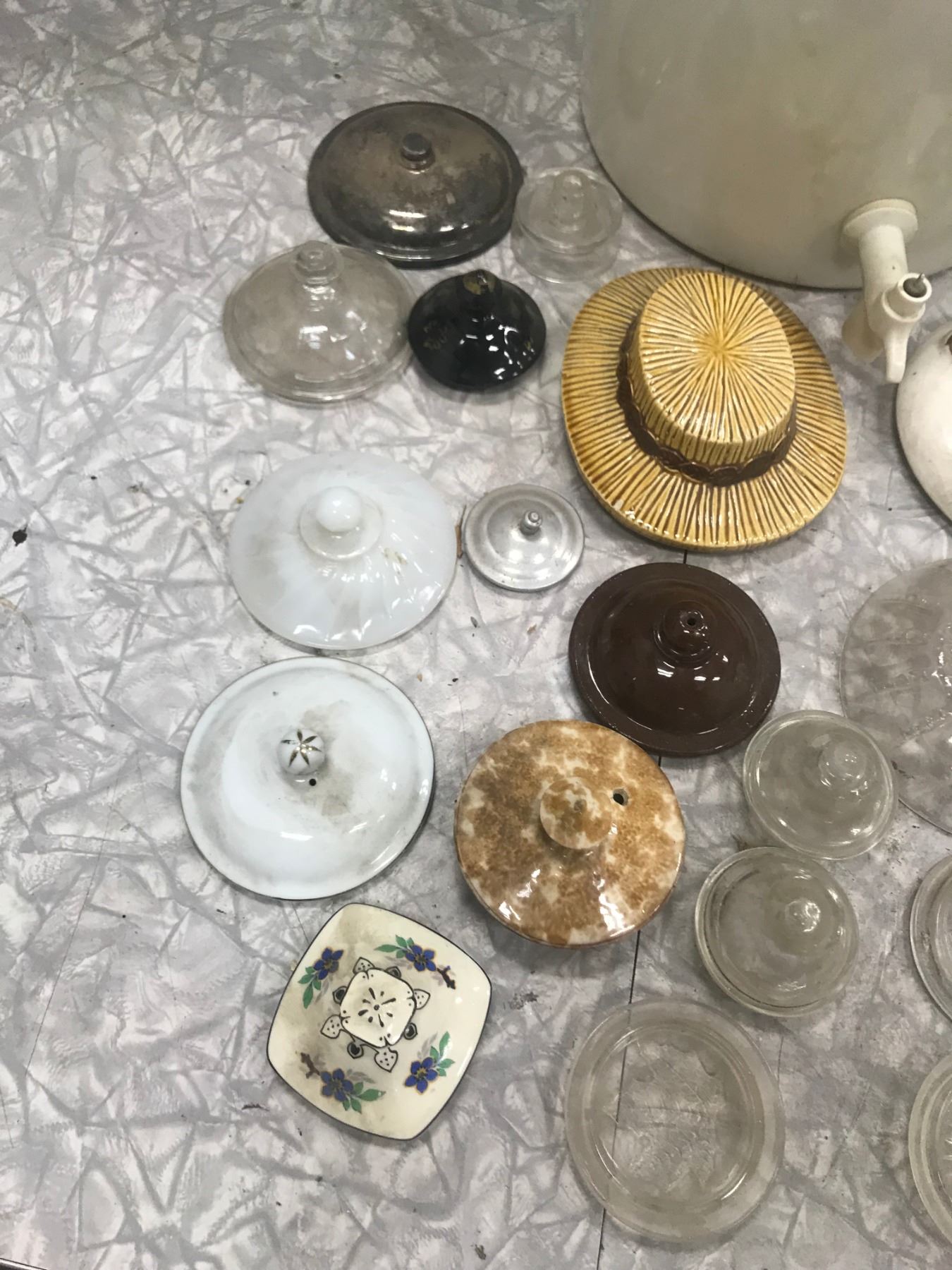 THREE GALLON WATER COOLER AND ASSORTED LIDS