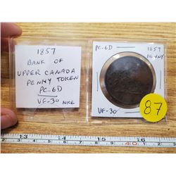 1857 Province of Canada Bank of Upper Canada one penny token. PC-6D. VF-30, nice.