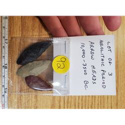 Lot of 3 Neolithic Period 'sharp stones' that date from 10,000 to 3500 BC.