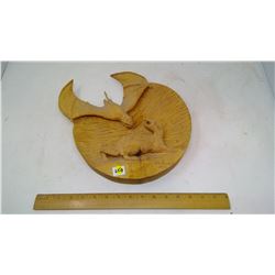 WEASEL VS BAT' MAPLE WOOD CARVING WALL PLAQUE CARVED BY ART GAUDET IN 1990