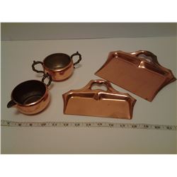 VIKING PLATE (E.P. COOPER) CREAM + SUGAR + 2 TABLE DUSTPANS, COPPER, MADE IN CANADA