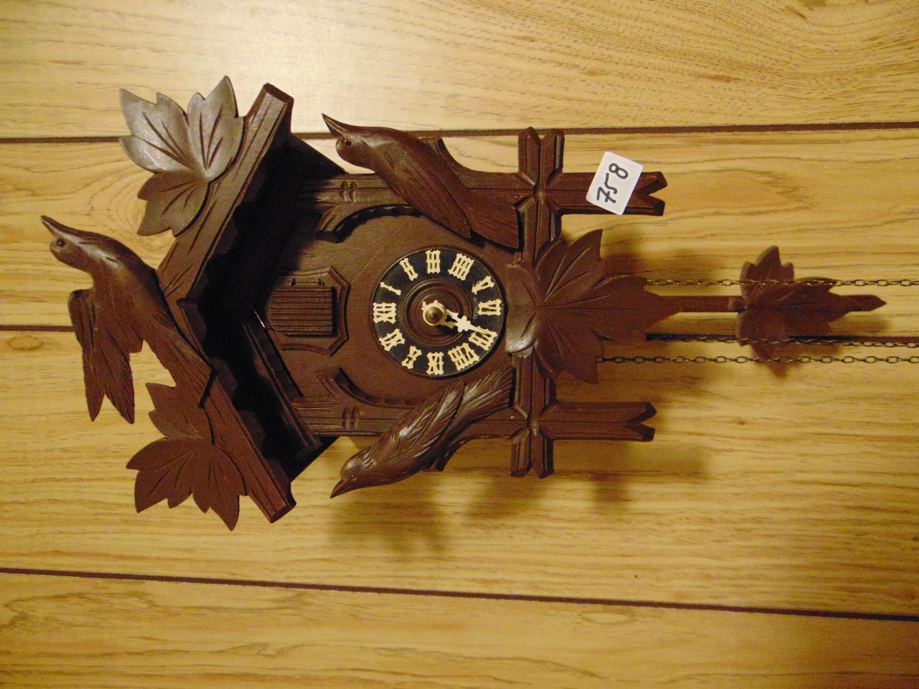 1954 GERMAN CUCKOO CLOCK (PARTS ALL THERE, CHAIN OFF GEAR & BROKEN HAND)