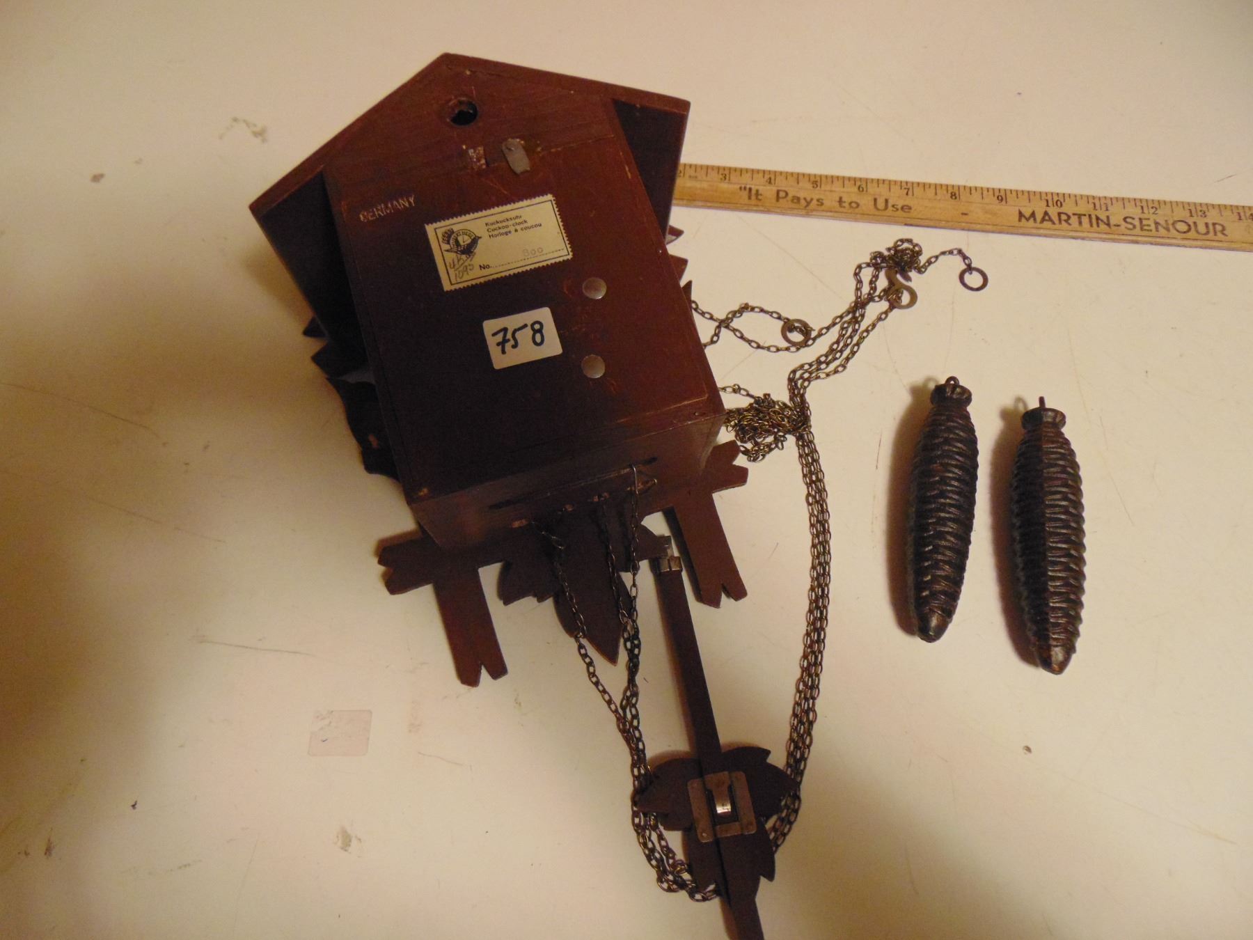 1954 GERMAN CUCKOO CLOCK (PARTS ALL THERE, CHAIN OFF GEAR & BROKEN HAND)