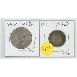2 X 1917 .25 cent Newfoundland Coins.