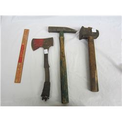 Lot of three antique tools (two hammers & hatchet)