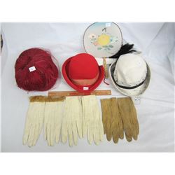 Vintage lot of ladies items (hats, gloves, fan)