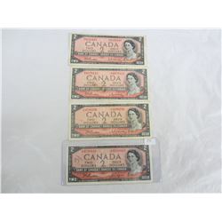 Four 1954 2 dollar bills