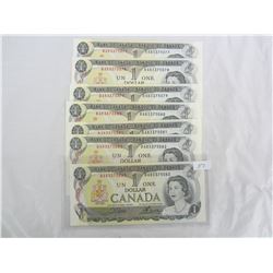 Seven 1973 one dollar bills in sequence