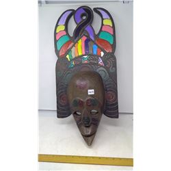 WOOD CARVED MASK - BLACK STAIN AND RAINBOW CROWN