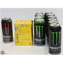 RACK OF ASSORTED ENERGY DRINKS. GREEN & RED