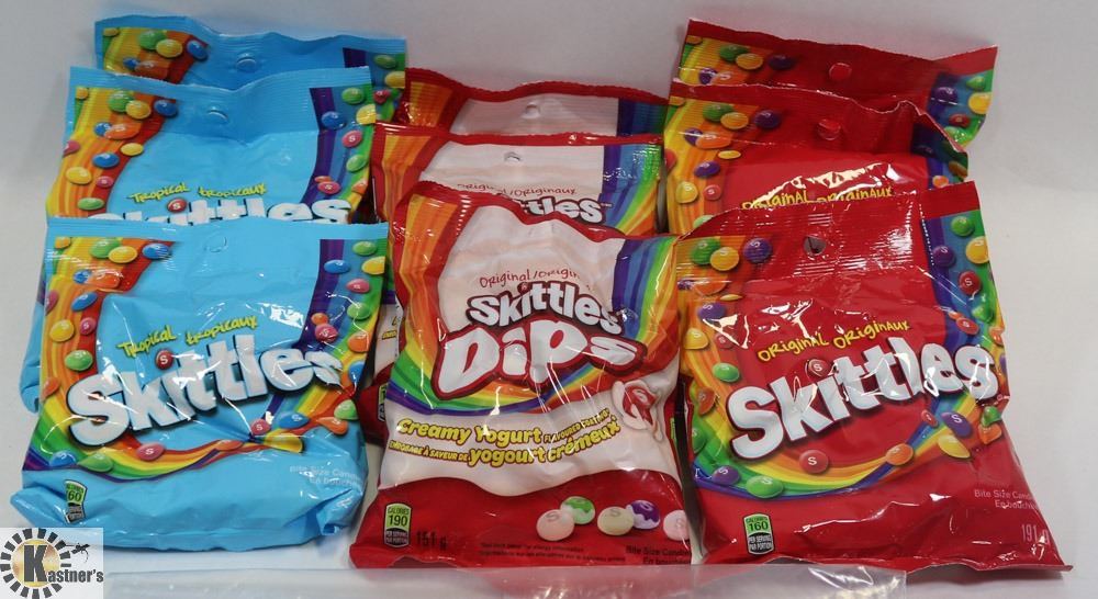 LARGE BAG OF ASSORTED SKITTLES CANDY.