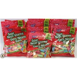 LARGE BAG OF HUER SOUR NEON WORMS CANDY.