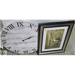 WHITE WASHED WALL CLOCK & CAFE FRAMED PICTURE.