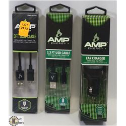 LOT OF3 AMP ENERGY 3 & 3.3FT MICRO USB & DUAL USB