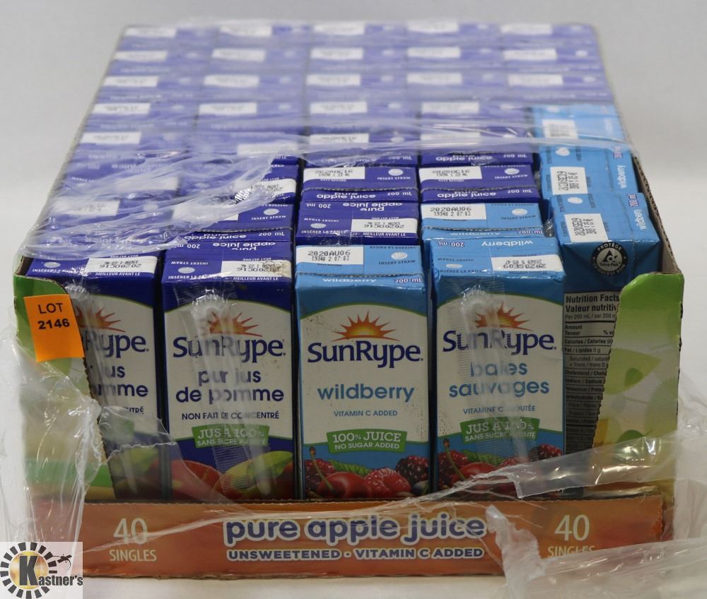 Sun Rype Juice Box FLAT OF 39 ASSORTED APPLE & WILDBERRY FLAVOR SUNRYPE JUICE BOXES.