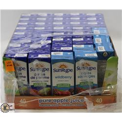 FLAT OF 39 ASSORTED APPLE & WILDBERRY FLAVOR SUNRYPE JUICE BOXES.