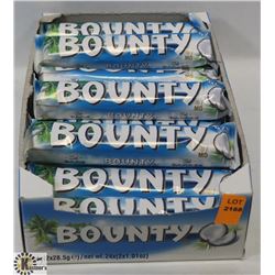 OPENED BOX OF BOUNTY COCONUT & CHOCOLATE CANDY BARS.