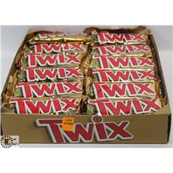 OPENED BOX OF TWIX CARAMEL & MILK CHOCOLATE COOKIE BARS.