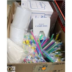BOX OF SLURPEE STRAWS/ CANDY BAGS/ DRINK LIDS &