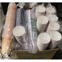 LARGE BOX OF ASSORTED DRINK CUPS. CLEAR PLASTIC &