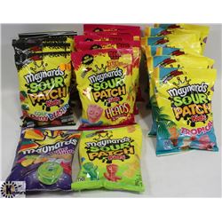 18 BAGS OF VARIOUS SOUR PATCH KIDS CANDY + 1 BAG OF WINE GUMS.