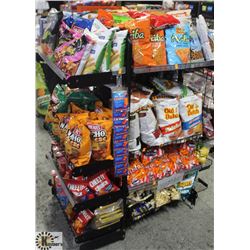 BLACK 3 SIDED DISPLAY RACK WITH EXTRA SHELVING.