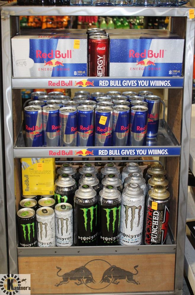 RED BULL BRANDED WOOD & METAL 4 TIER DISPLAY STAND