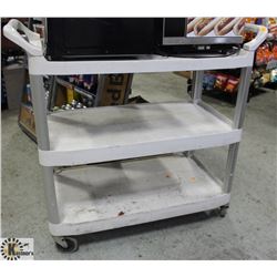 ROLLING 3 TIER RUBBERMAID PLASTIC UTILITY CART.