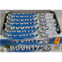 OPEN BOX OF 3PC BOUNTY COCONUT/ CHOCOLATE BARS.