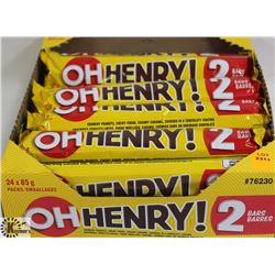 OPEN BOX OF 2PC OH HENRY CHOCOLATE BARS.