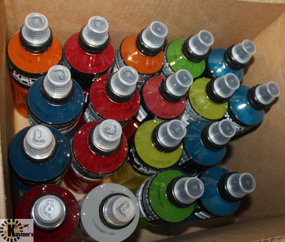 BOX OF 18 ASSORTED FLAVORED POWERADE BEVERAGES.