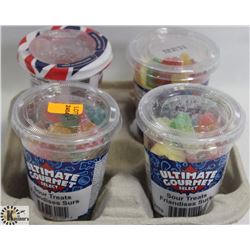 4PK OF ASSORTED SMALL CANDY CUPS IN TRAY.