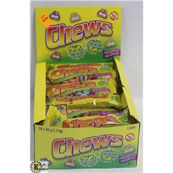 OPENED BOX OF ASSORTED CHEWS SOUR BUBBLE GUM.