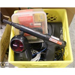 MILK CRATE FULL OF ELECTRICAL CORDS, SCANNER,