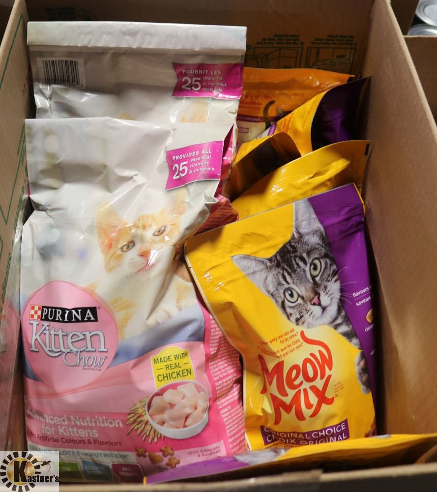 BOX OF PURINA KITTEN CHOW & MEOW MIX CAT DRY FOOD.
